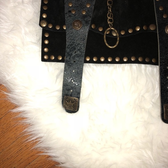 SAVE THE QUEEN Black Suede Studded Lucite Beads Strap Crossbody Bag Keychain - Picture 5 of 8